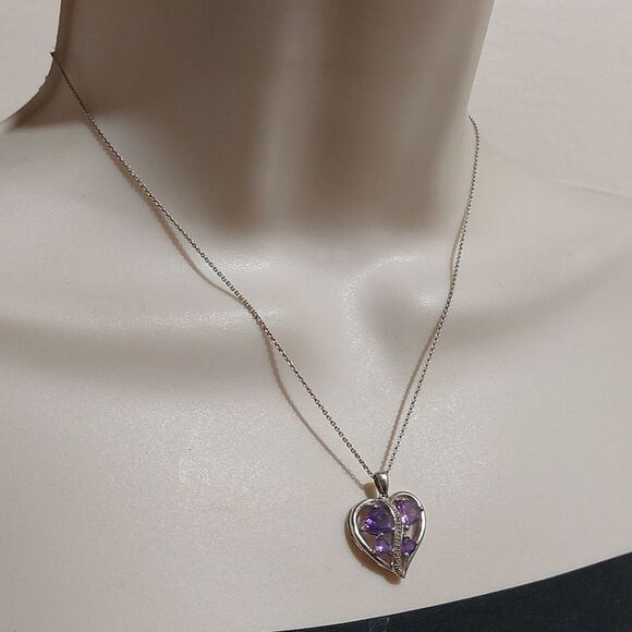 Amethyst And Diamond Heart Pendant Sterling Silver Necklace 925 PAM Italy - Picture 3 of 8